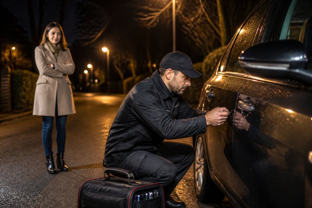Professional mobile locksmith technician in branded uniform arriving at a vehicle with toolkit at night, customer visible in background looking relieved