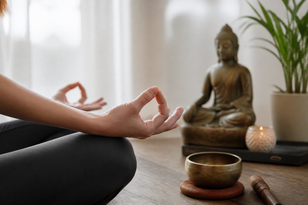 Primo piano delle mani di una persona che formano un Gyan mudra, con uno spazio di meditazione sereno con una piccola statua buddista sullo sfondo, luce naturale soffusa