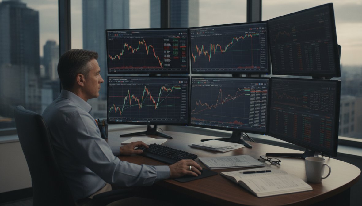 Professional trader monitoring multiple screens displaying different live trading charts and currency pairs in a modern trading office, with warm overhead lighting and a second monitor showing an equity curve