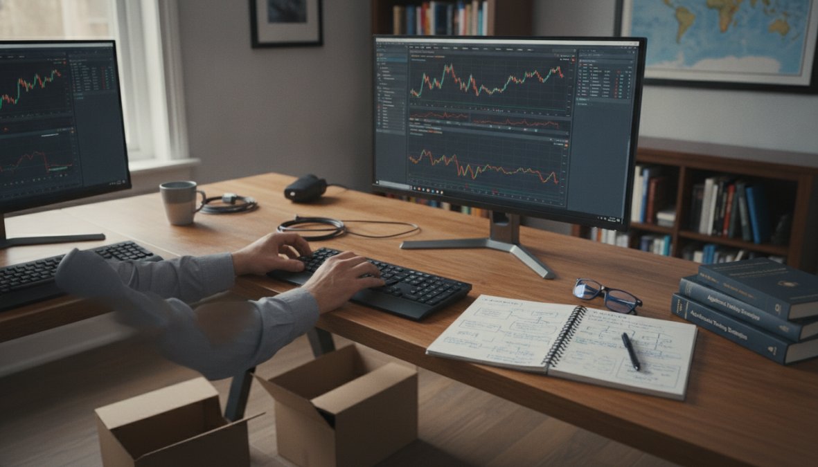 Close-up of a trader's hands on a mechanical keyboard with the MT5 platform open on a large monitor, a physical notebook with handwritten system notes beside the keyboard, and a coffee cup in the background on a clean wooden desk