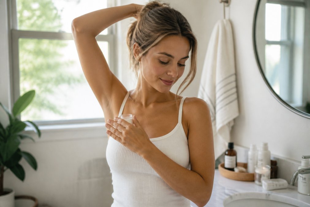 Woman applying natural cream deodorant from a jar in a bright, modern bathroom setting.