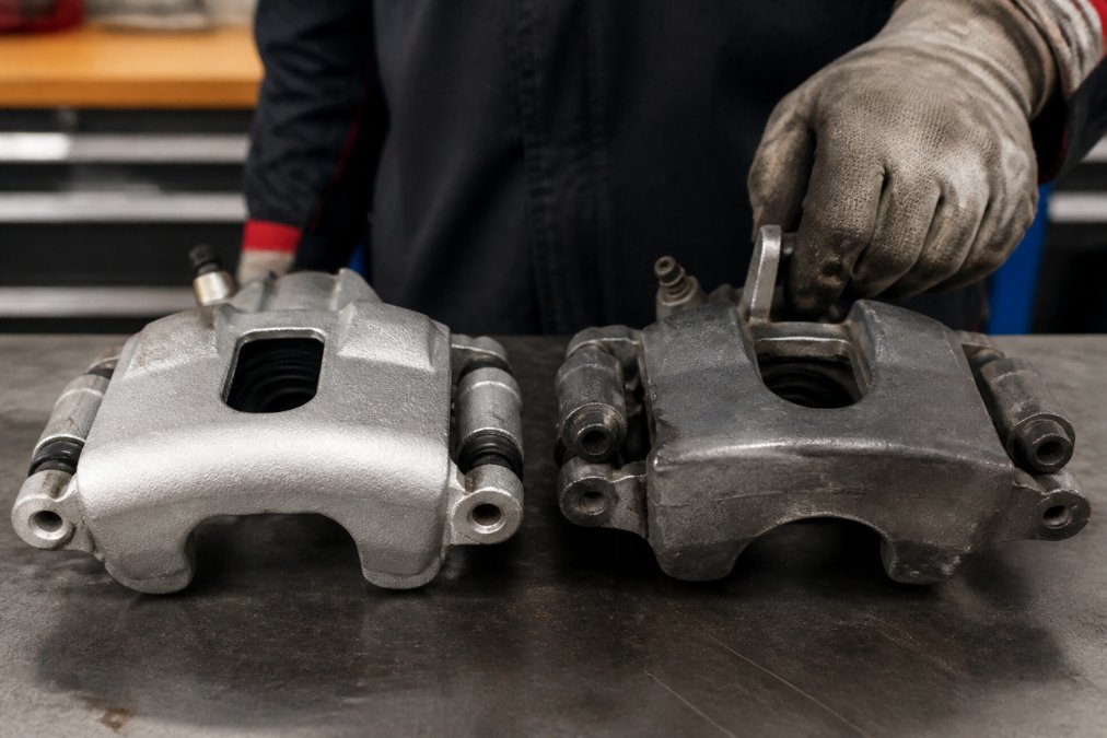 Close-up of two automotive brake calipers side by side on a workshop bench, one clearly factory-branded with embossed manufacturer markings, the other generic with no branding, with a mechanic's gloved hand examining the mounting bracket under bright workshop lighting