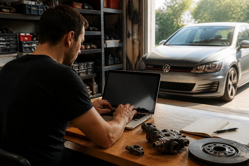 A person in their mid-30s sitting at a clean desk, typing on a laptop to search for car parts online, with a silver Volkswagen GTI partially visible through an open garage door in the background, warm afternoon light