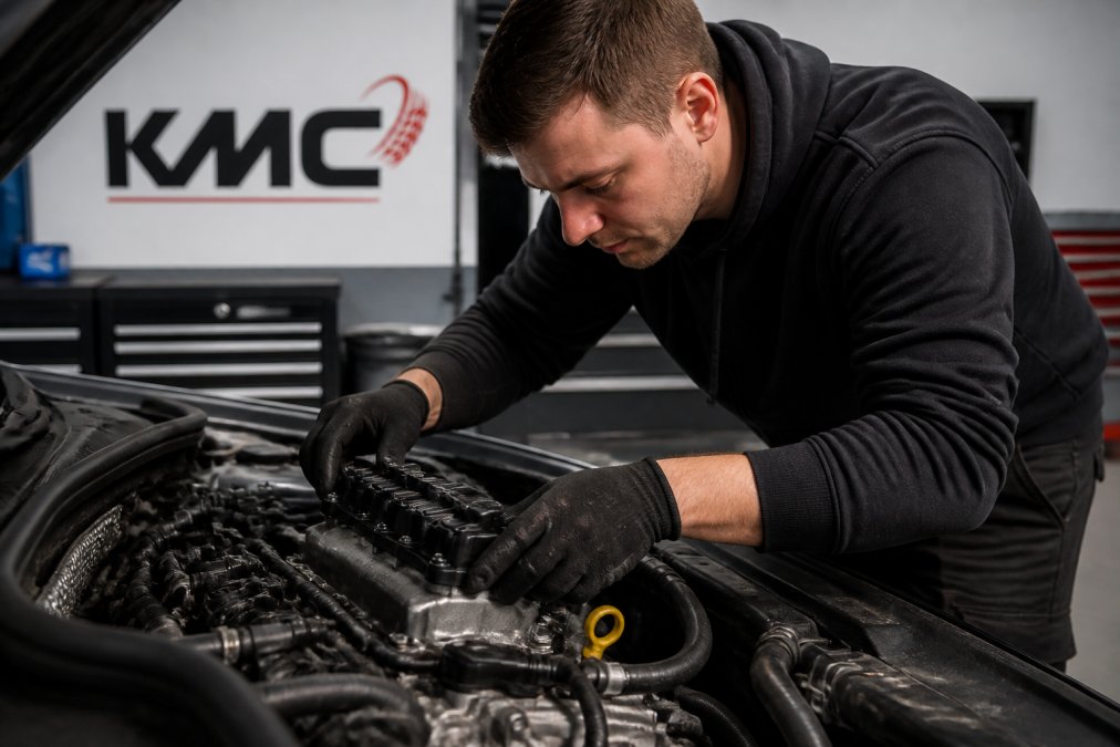 Professional technician's hands carefully installing a genuine OEM engine component into a vehicle engine bay, showing precision work with proper tools and clean workshop environment