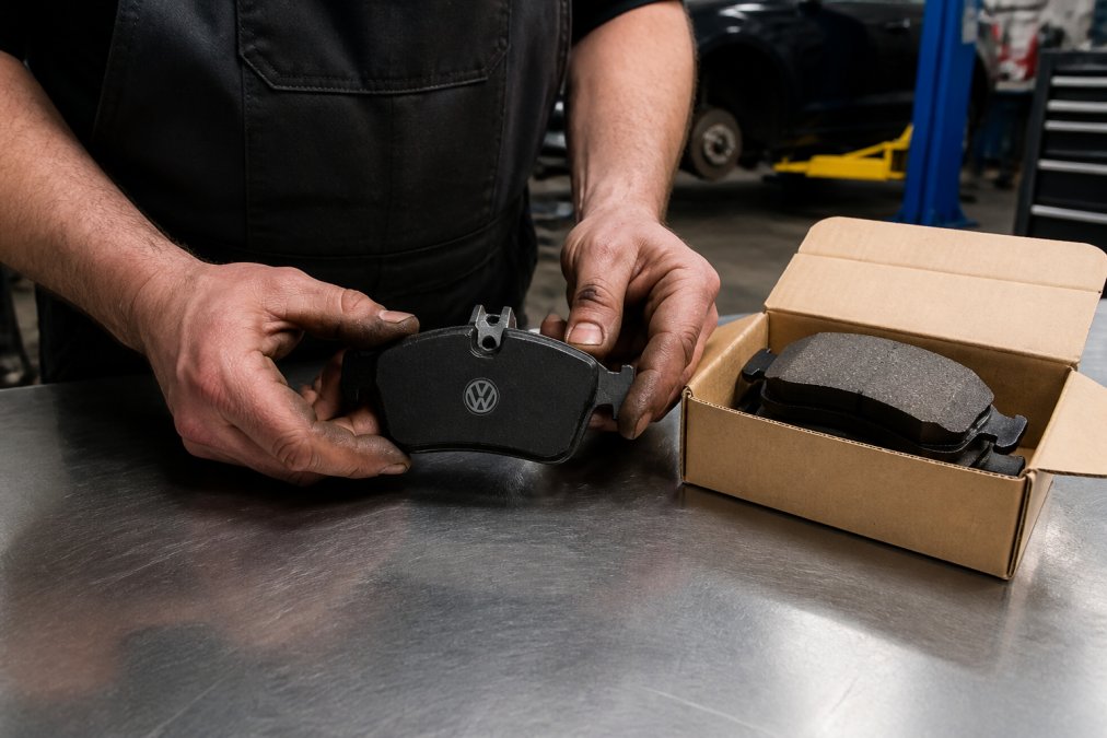 Close-up of a mechanic's hands holding a genuine Volkswagen brake pad next to its factory packaging on a clean workbench, with a VW badge visible on the part