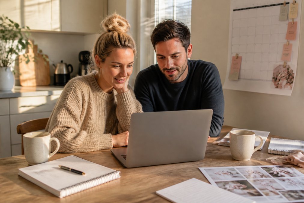 Couple using wedding planning software on a laptop to organize tasks compared to a traditional wall calendar.
