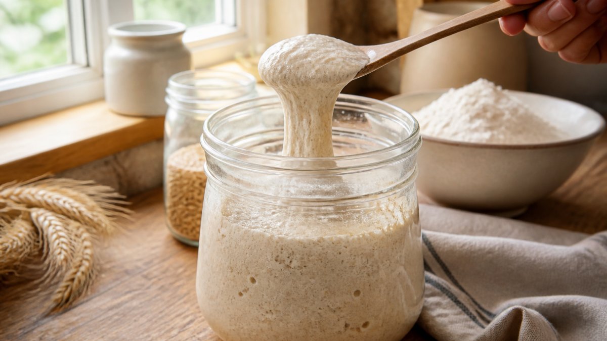 Bubbling organic sourdough starter being lifted from a glass jar with a spoon on a wooden kitchen counter