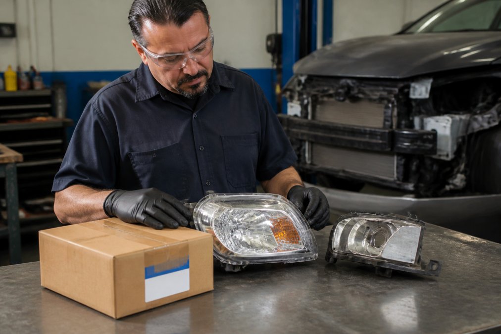 Certified technician comparing original OEM part packaging and branding with aftermarket component on workbench, showing clear visual differences in quality and labeling