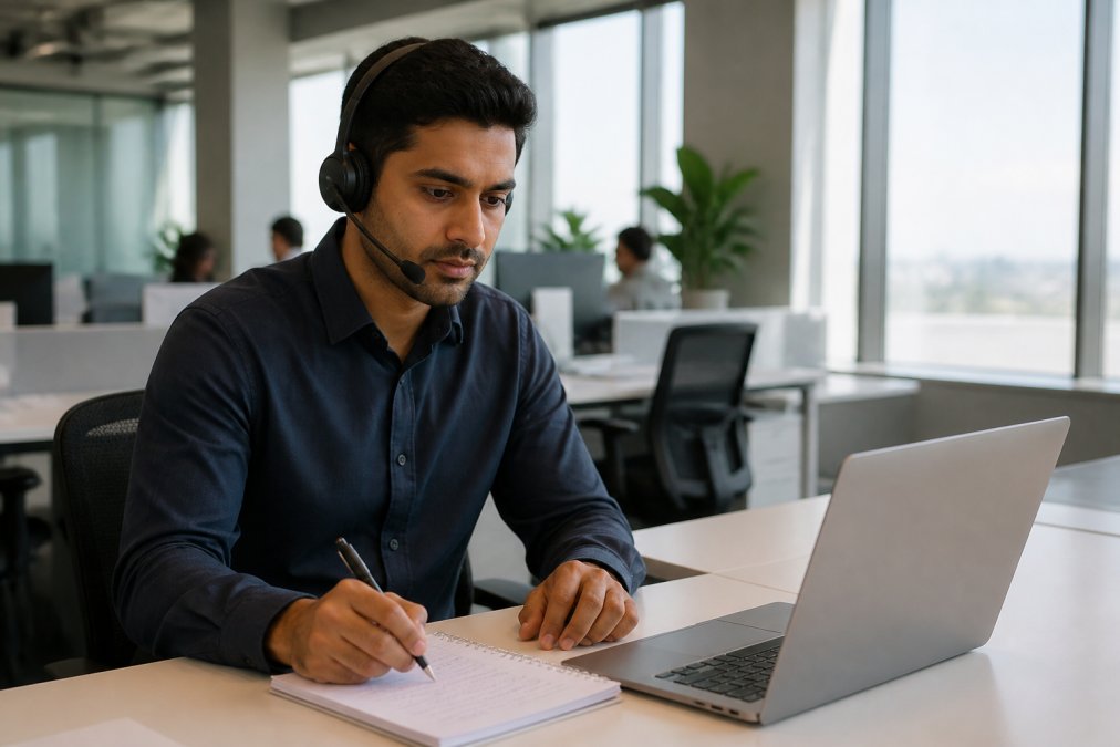 A focused sales professional wearing a headset at a clean desk, reviewing handwritten notes beside an open laptop in a modern open-plan office with large windows and natural daylight