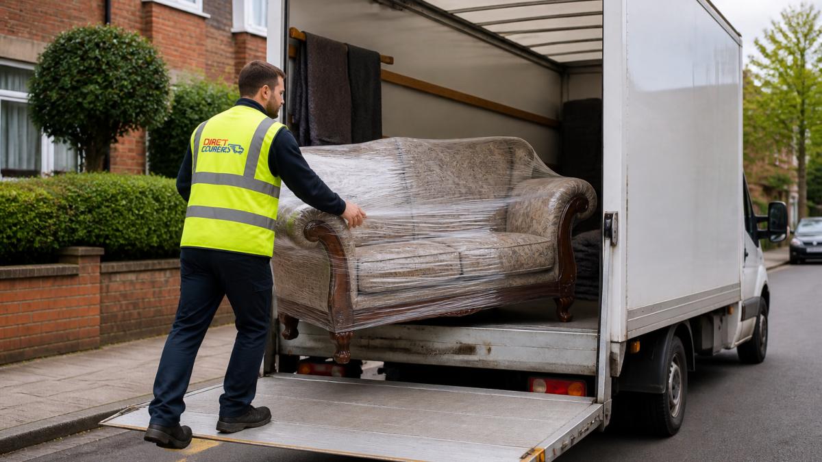 A courier in a high-visibility vest carefully loading a wrapped antique sofa into a Luton van with a tail lift, parked on a residential street