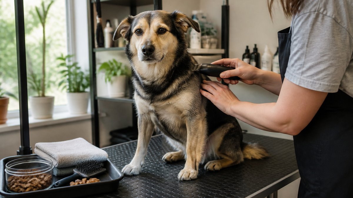 Step-by-step guide showing how to desensitize a dog to cordless clippers using treats on a grooming table.