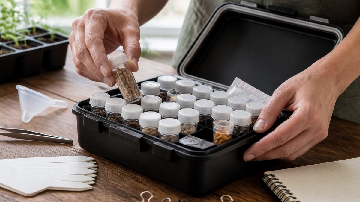 Close-up of a gardener's hands placing labeled seed vials into a water-resistant storage box on a wooden table, with a desiccant packet visible, soft natural window light