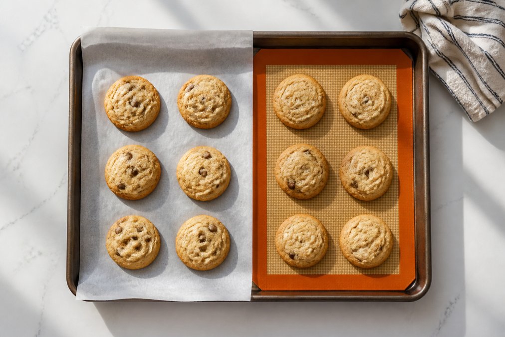 Overhead shot of a baking sheet with parchment paper on one side and a silicone baking mat on the other, both holding freshly baked golden cookies, photographed on a clean white kitchen countertop under bright natural light