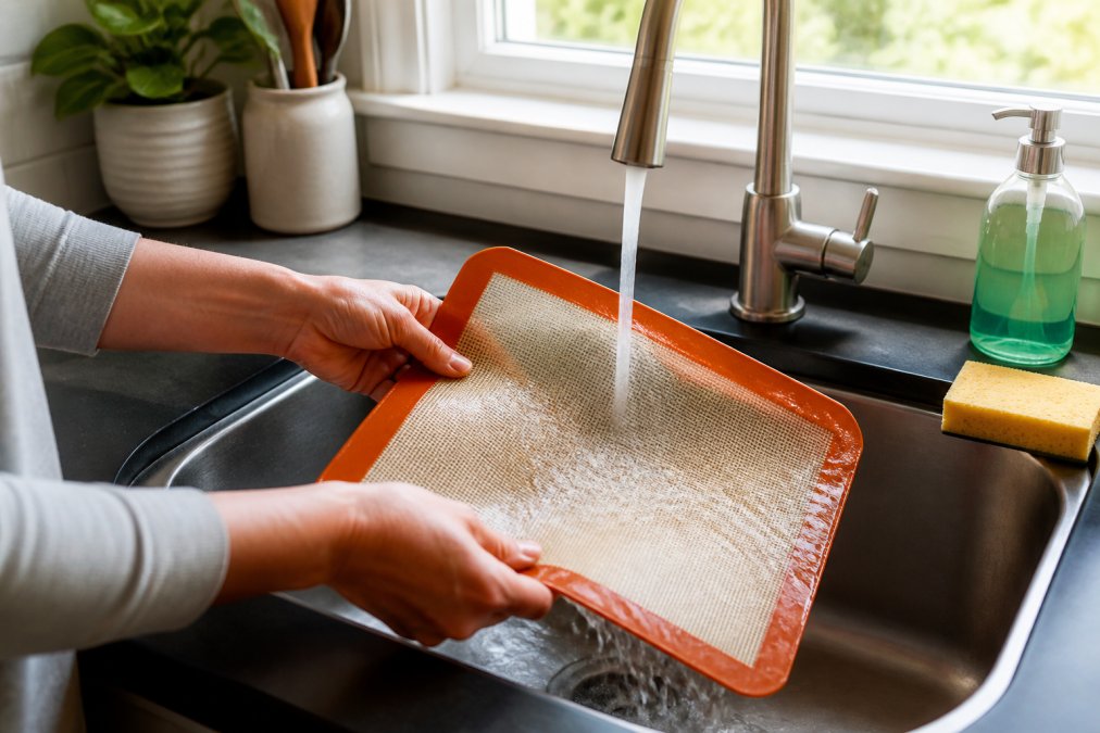 Hands washing a silicone baking mat under warm running water at a kitchen sink, a soft sponge and dish soap bottle visible on the counter, bright natural light coming through a window above the sink