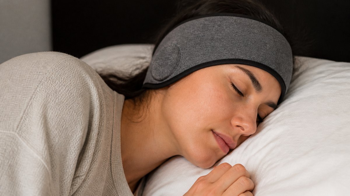 Person sleeping peacefully on their side wearing a soft sleep headband, head resting on a pillow, showing how the ultra-thin speakers fit against the ear without pressure