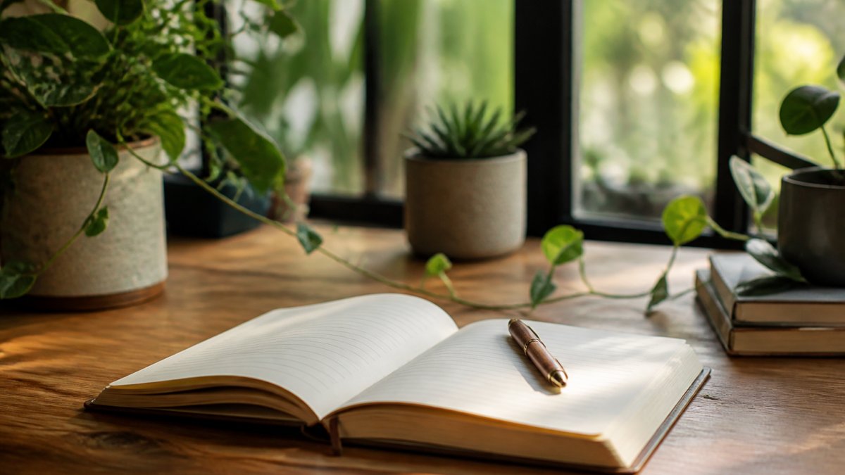 Open sustainable paper journal on a wooden desk with a pen, surrounded by green plants and natural light streaming from a window