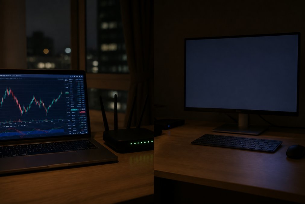 A trader's desk at night with a laptop showing trading charts next to a router with blinking lights, contrasted with a clean minimal remote desktop screen on a second monitor