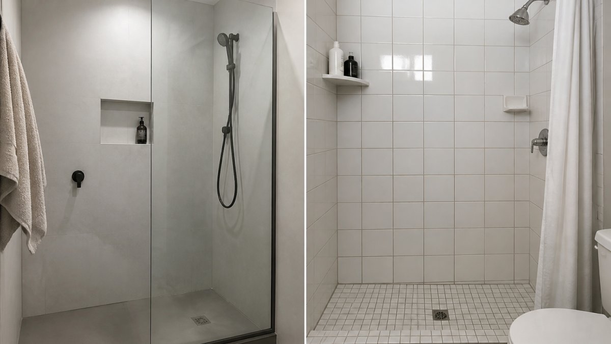 A modern bathroom with sleek, large-format waterproof wall panels in a walk-in shower, showing a clean, grout-free surface with a handheld showerhead and minimal accessories