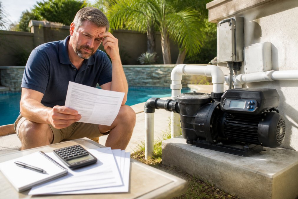 Homeowner checking a utility bill next to a variable speed pool pump in a sunny backyard