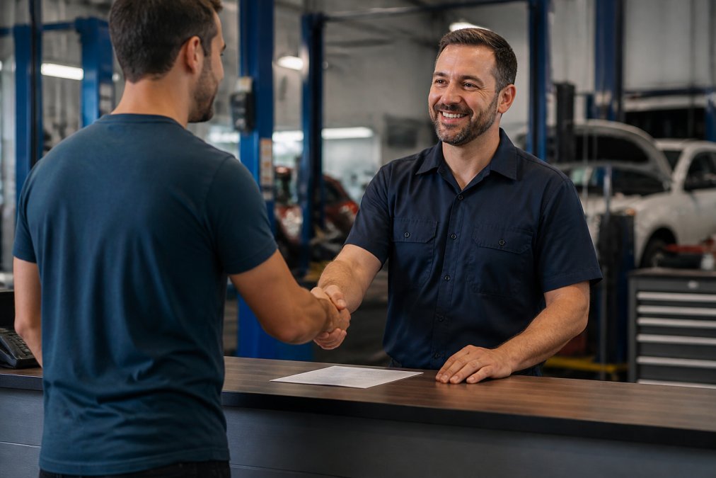 ASE certified mechanic in uniform greeting a customer at the service counter with a friendly handshake, modern repair shop interior with clean workstations visible in the background
