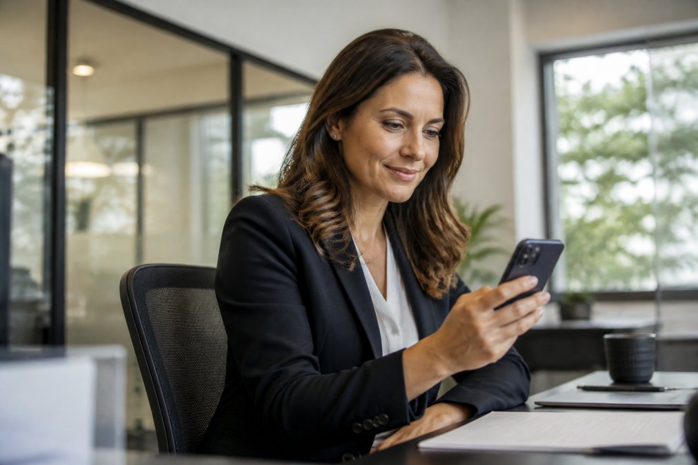 Professional woman in business attire sitting at her desk in a modern office, checking her smartphone with a relaxed expression, natural daylight from window in background