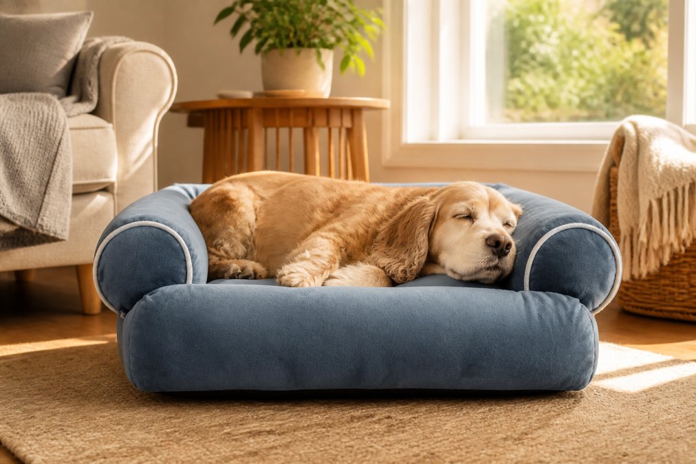 A senior dog resting peacefully on a plush velvet pet bed in a warm living room, showing relaxed posture with head supported by raised sides, natural afternoon sunlight streaming through a window