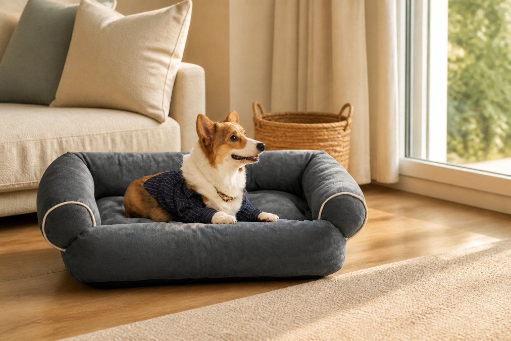 A modern living room corner featuring a rich jewel-toned velvet pet bed positioned near a window, styled with neutral throw pillows and a woven basket, morning light highlighting the fabric's subtle sheen