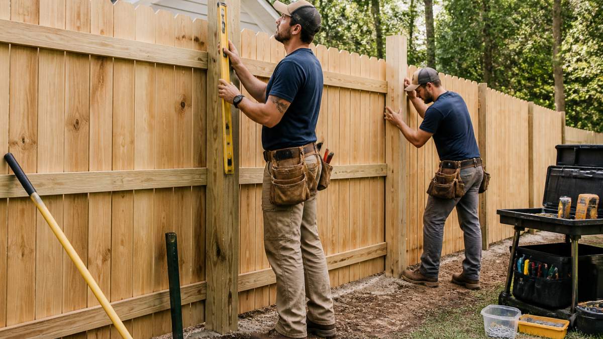 A veteran-operated fencing crew in work clothes installing a wood privacy fence in a suburban backyard, one worker checking a level while another sets a post, clean work site with tools neatly organized