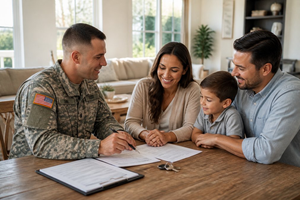 Professional veteran real estate agent in business attire meeting with a family in a bright, modern home office with documents and house keys on the desk
