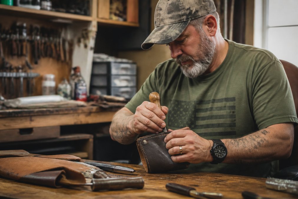 Veteran craftsman working with leather tools at a workbench in one of many veteran owned businesses.