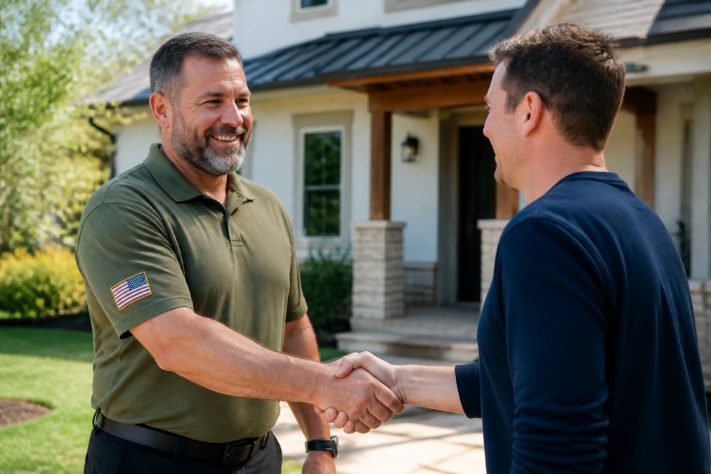 Professional veteran business owner shaking hands with a satisfied client in front of a residential property, both smiling with confidence