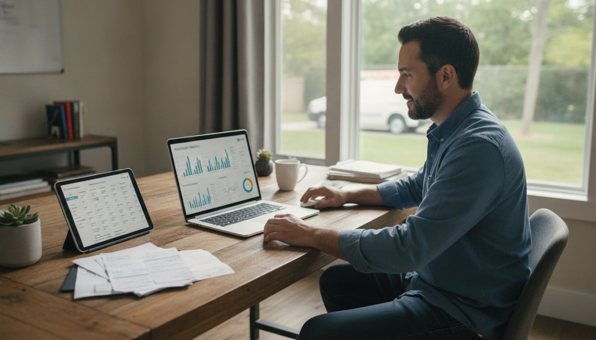 A home services business owner sitting at a clean desk, reviewing workflow metrics on a laptop screen with a focused and satisfied expression, warm natural light from a window to the left