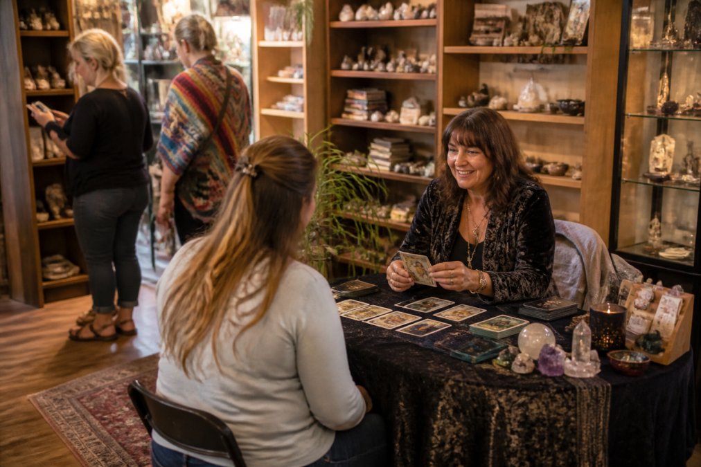 A warm, softly lit metaphysical shop interior with small reading tables, tarot cards and crystals arranged on cloth, a reader seated across from a client while other visitors browse shelves in the background