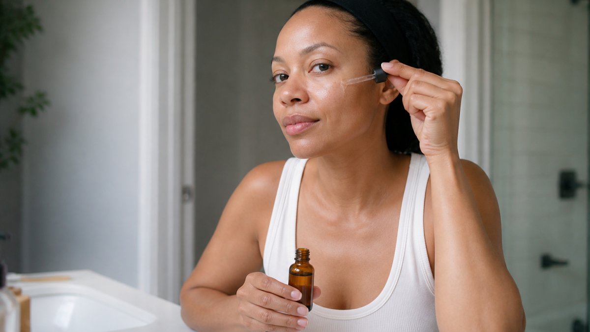 A woman in her thirties applying a few drops of vitamin C serum to her cheek in a bright bathroom, with a small amber dropper bottle and cotton pad on the counter beside her
