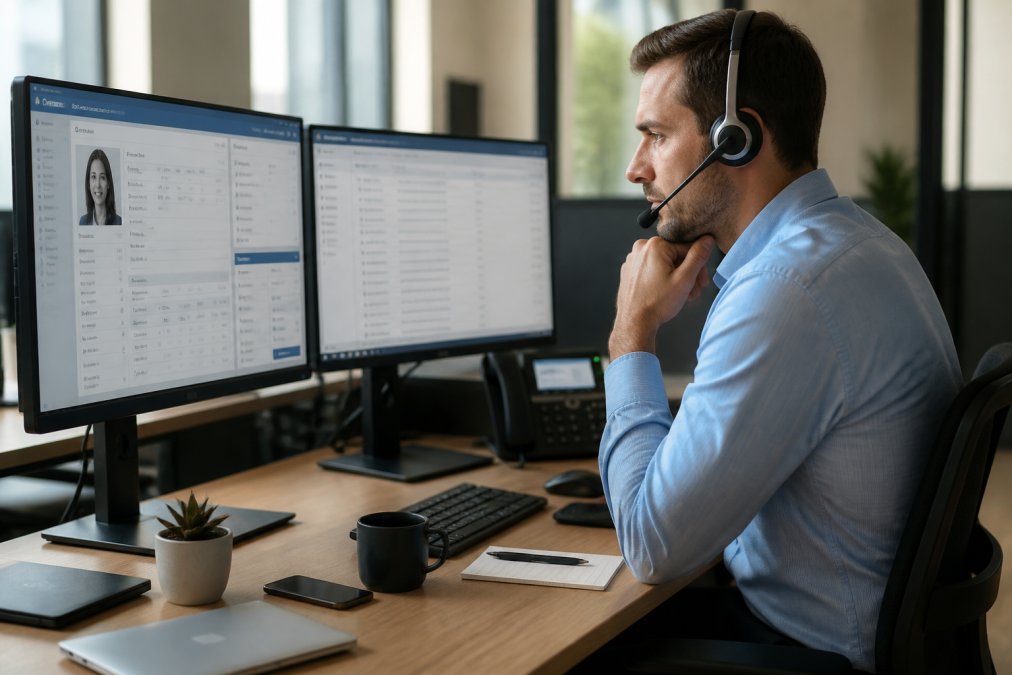Sales professional sitting at modern desk with dual monitors displaying CRM customer profile on one screen while wearing VoIP headset during active call, focused on customer data with organized workspace and professional office lighting