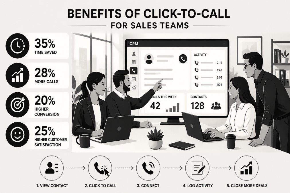 Team of sales professionals in modern bright office collaborating around desk with laptops displaying open CRM interface, one agent gesturing at screen showing customer interaction data, professional business casual attire, natural window lighting