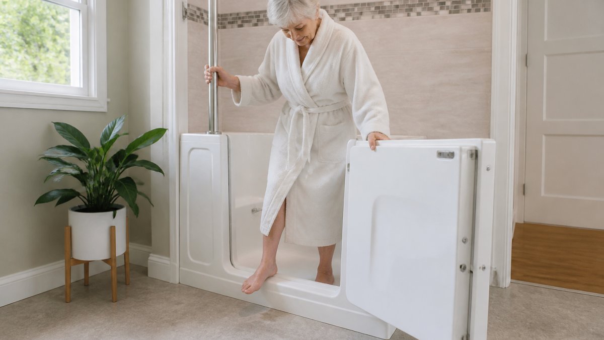 An older adult carefully stepping into a walk-in bathtub with a low threshold, holding onto a vertical grab bar, in a bright, clean bathroom with non-slip flooring and natural window light