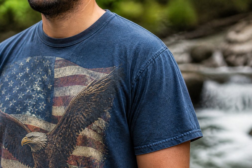 Close-up of a man wearing a heavyweight patriotic graphic t-shirt, showing visible fabric texture and double-stitched hem, natural window light, casual outdoor setting