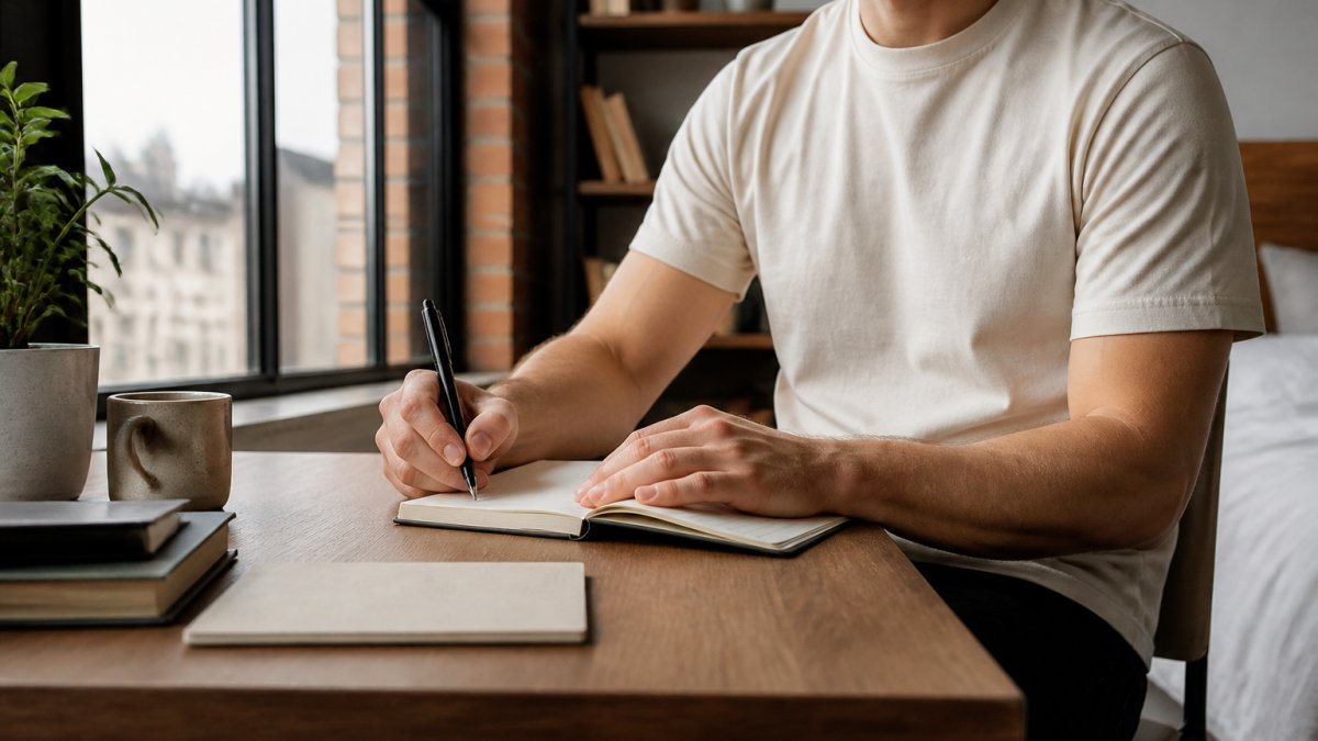 Person wearing a comfortable cotton t-shirt during an active day, transitioning from office desk work to casual social settings, looking at ease with natural posture and relaxed expression