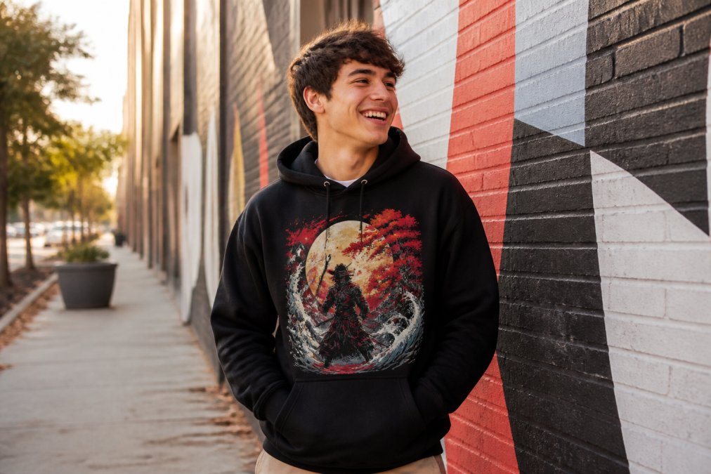 A young adult wearing a graphic hoodie with a bold original design, standing in a casual outdoor urban setting, smiling naturally in soft afternoon light