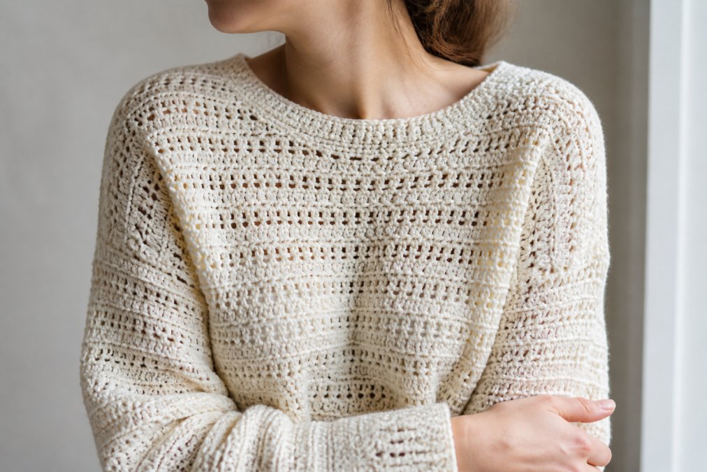 Close-up of a person wearing a soft, textured handmade crochet sweater with intricate stitch details.