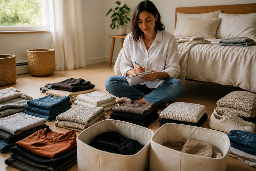 A woman in her 30s sitting on a bedroom floor surrounded by neatly folded clothing, holding a notepad and pen, sorting items into keep, donate, and repair piles. Soft natural light from a window, calm and organized atmosphere.