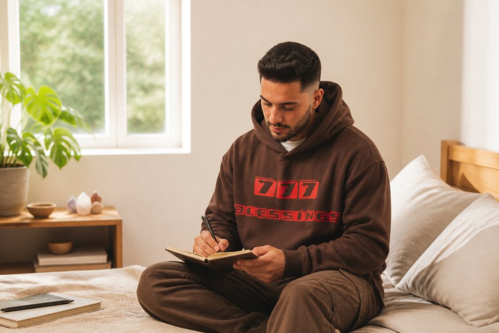 Person wearing a premium, comfortable hoodie while journaling peacefully in a bright, minimalist bedroom with natural morning light streaming through windows, surrounded by intentional personal items