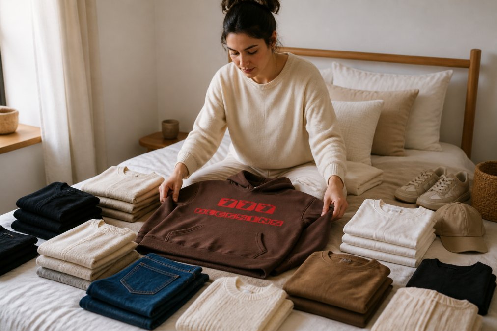 Woman carefully folding and organizing a curated collection of neutral-toned, premium clothing pieces on a bed, demonstrating intentional wardrobe curation with visible care and mindfulness