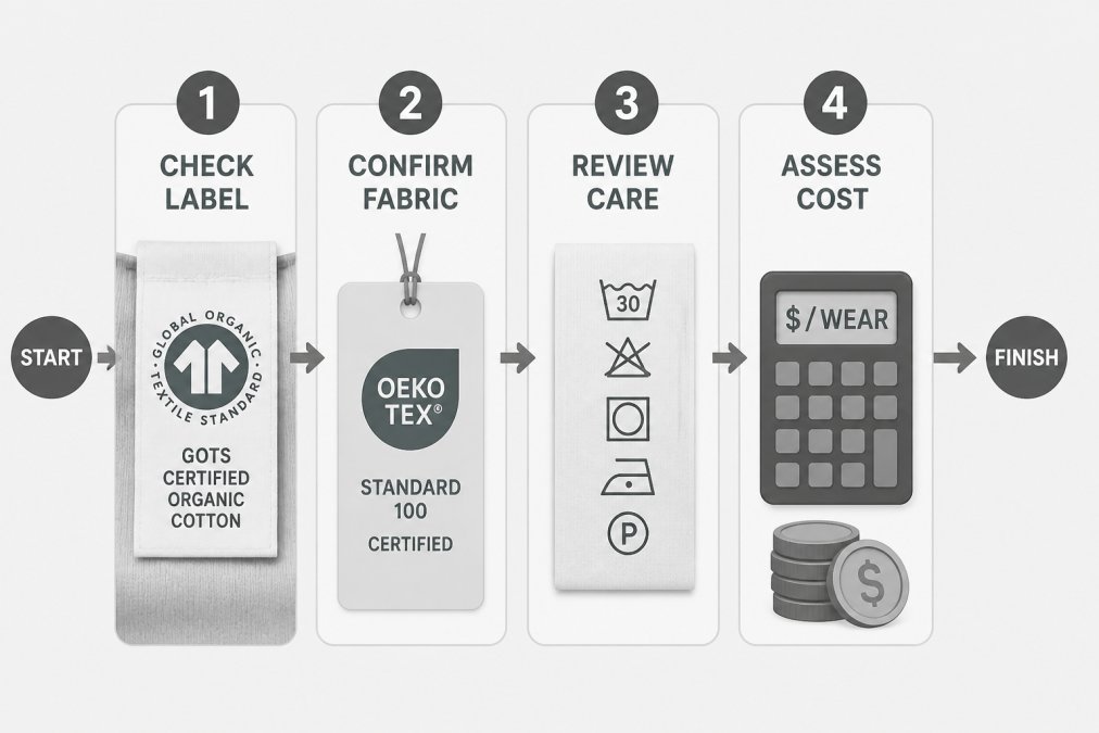 Flowchart for verifying organic cotton clothing claims: check label for GOTS certified organic cotton, confirm OEKO-TEX STANDARD 100 certified fabric, review care instructions, assess cost per wear over time