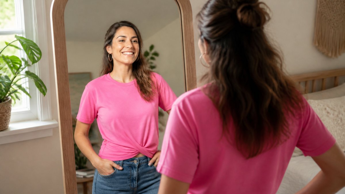 Woman wearing a vibrant affirmation t-shirt, smiling confidently while looking in a mirror, natural morning light streaming through a window, home setting
