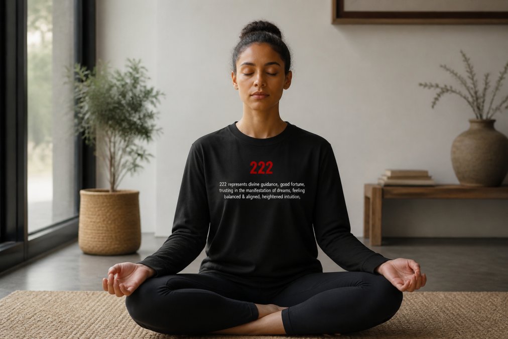 Person in meditation pose wearing spiritual angel number apparel in serene indoor setting with soft natural light, eyes closed in mindful practice