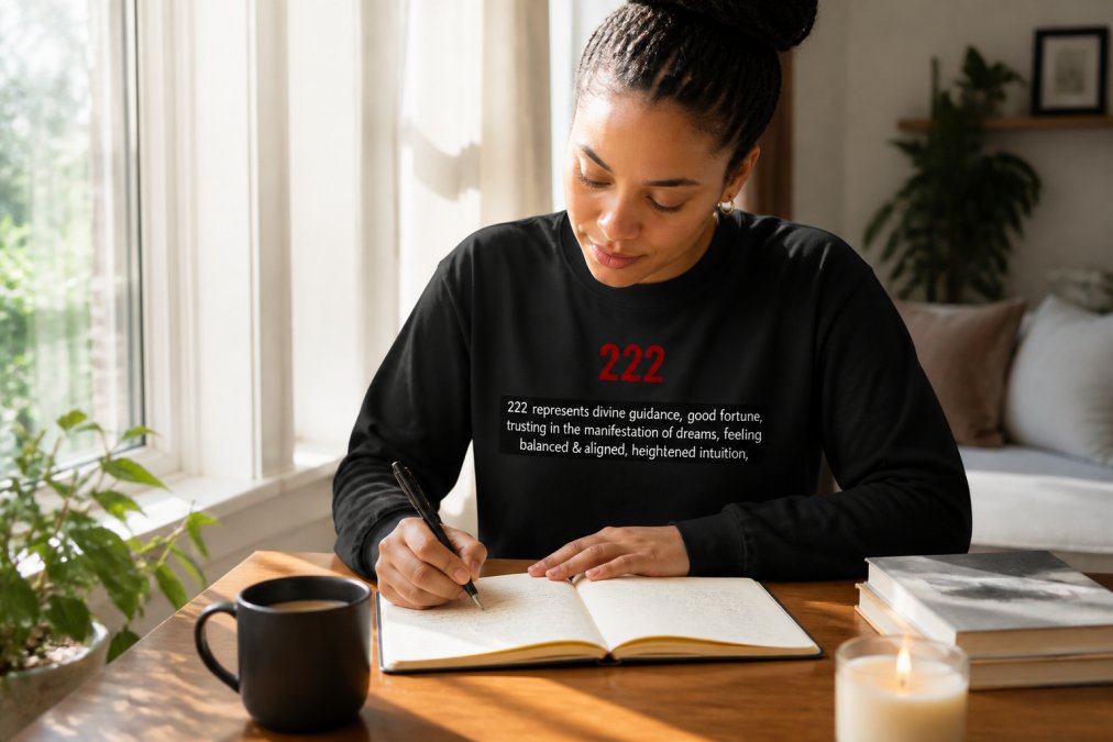 Person wearing angel number spiritual apparel during morning routine, journaling intentions with coffee nearby, natural daylight streaming through window