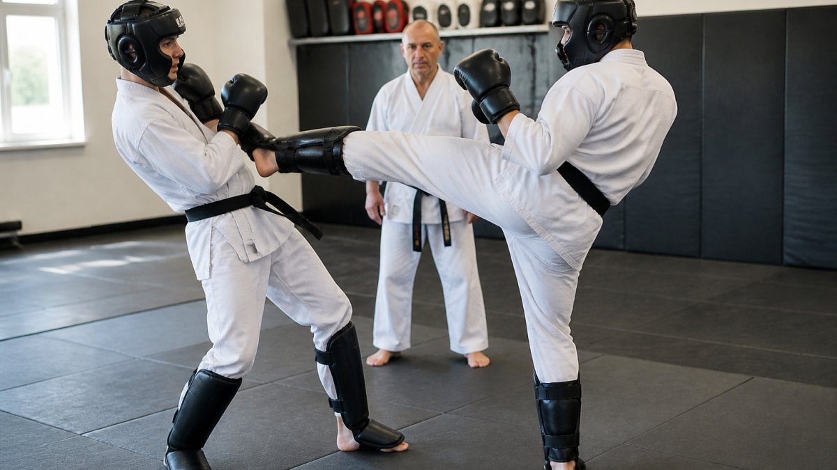 Two martial artists wearing protective sparring gear practicing strikes while an instructor observes in a dojo.