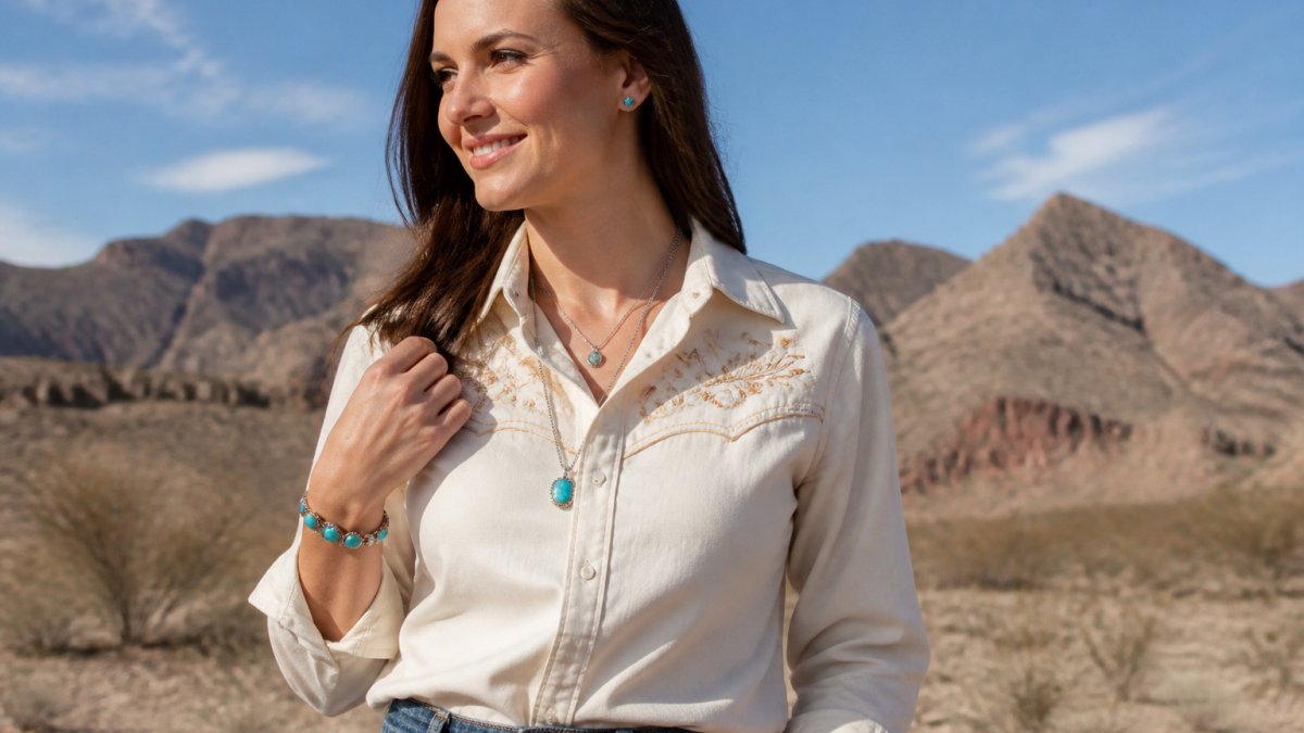 Woman wearing layered turquoise jewelry including a necklace, bracelet, and stud earrings with a cream-colored western shirt and denim jeans, standing outdoors with natural sunlight highlighting the stone colors